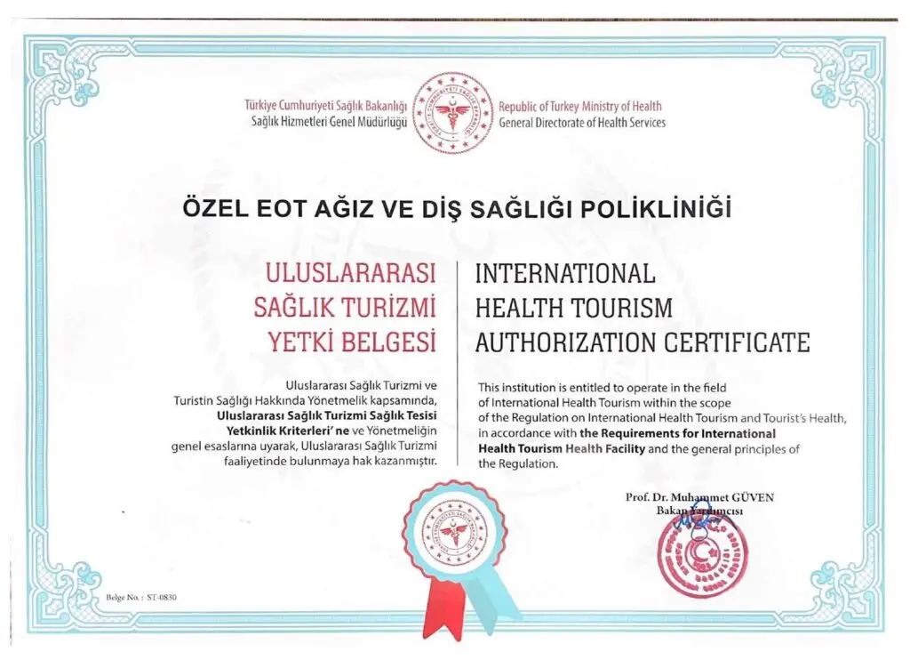 T.C. Sağlık Bakanlığı Uluslararası Sağlık Turizmi Yetki Belgesi — Özel EOT Ağız ve Diş Sağlığı Polikliniği